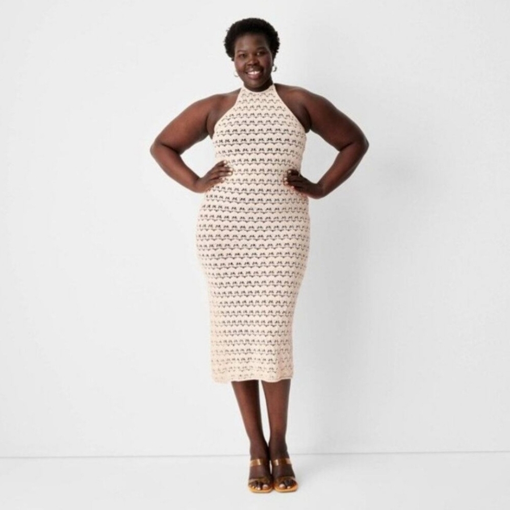 Future Collective Halter Tie Neck Open Knit Crochet Midi Sweater Dress Large